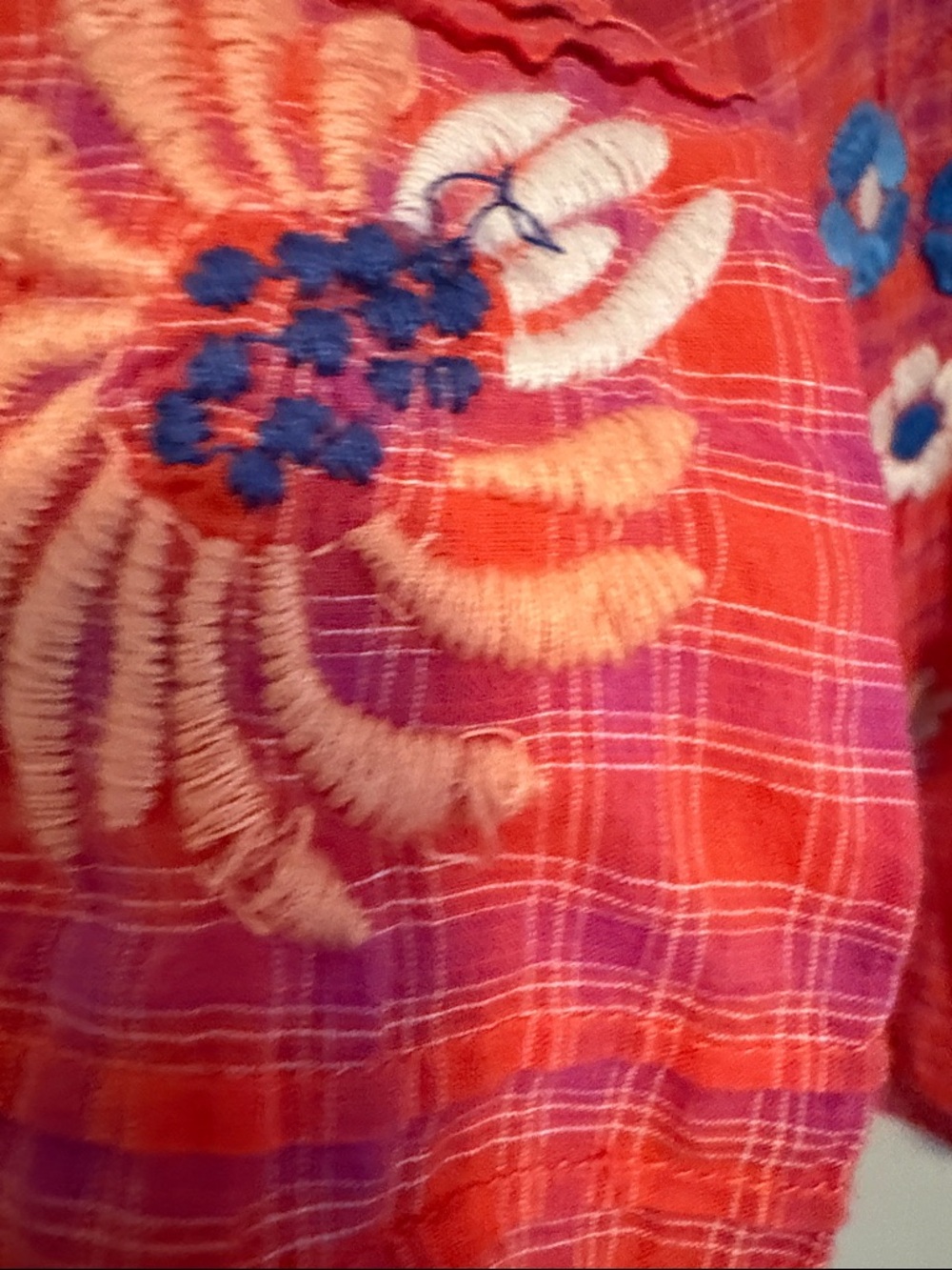 Johnny Was Workshop Red and Purple Plaid Embroidered Floral Peasant Blouse - Picture 10 of 10